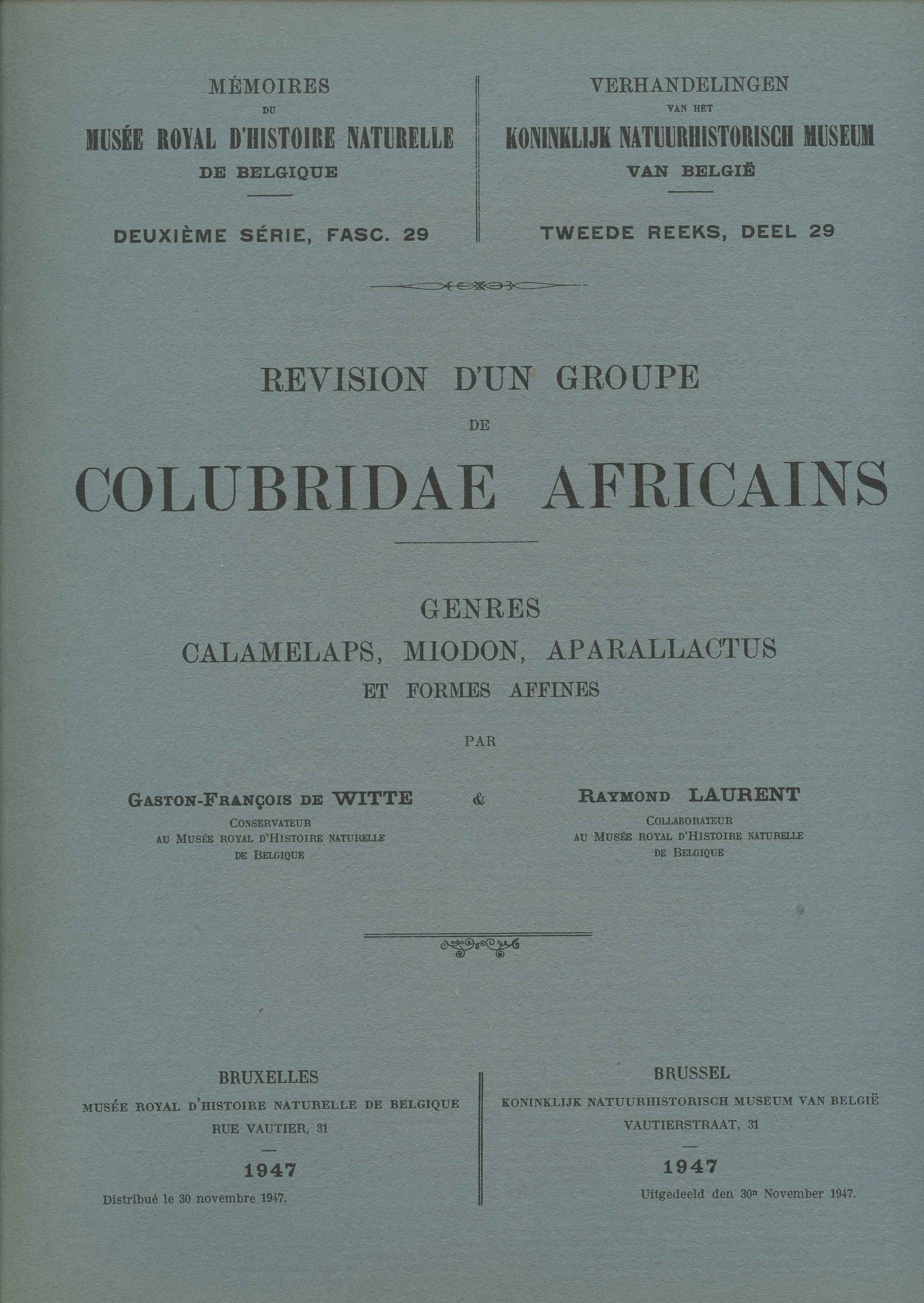 Image for Revision d'un groupe de Colubridae Africains, Genres Calamelaps, Miodon, Aparallactus et formes affines